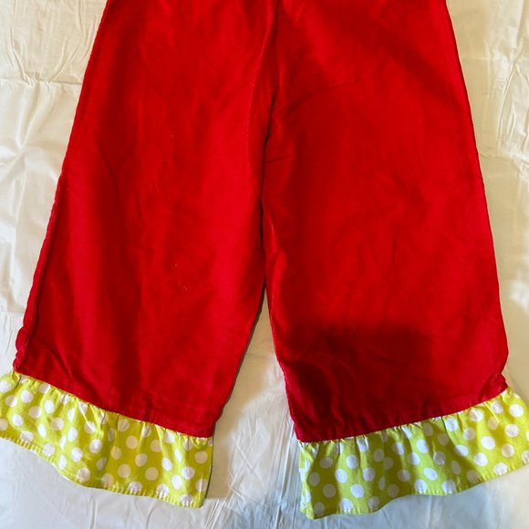 Just Ducky size 4 red corduroy pants with lime green and white polka dot ruffle - Picture 2 of 3